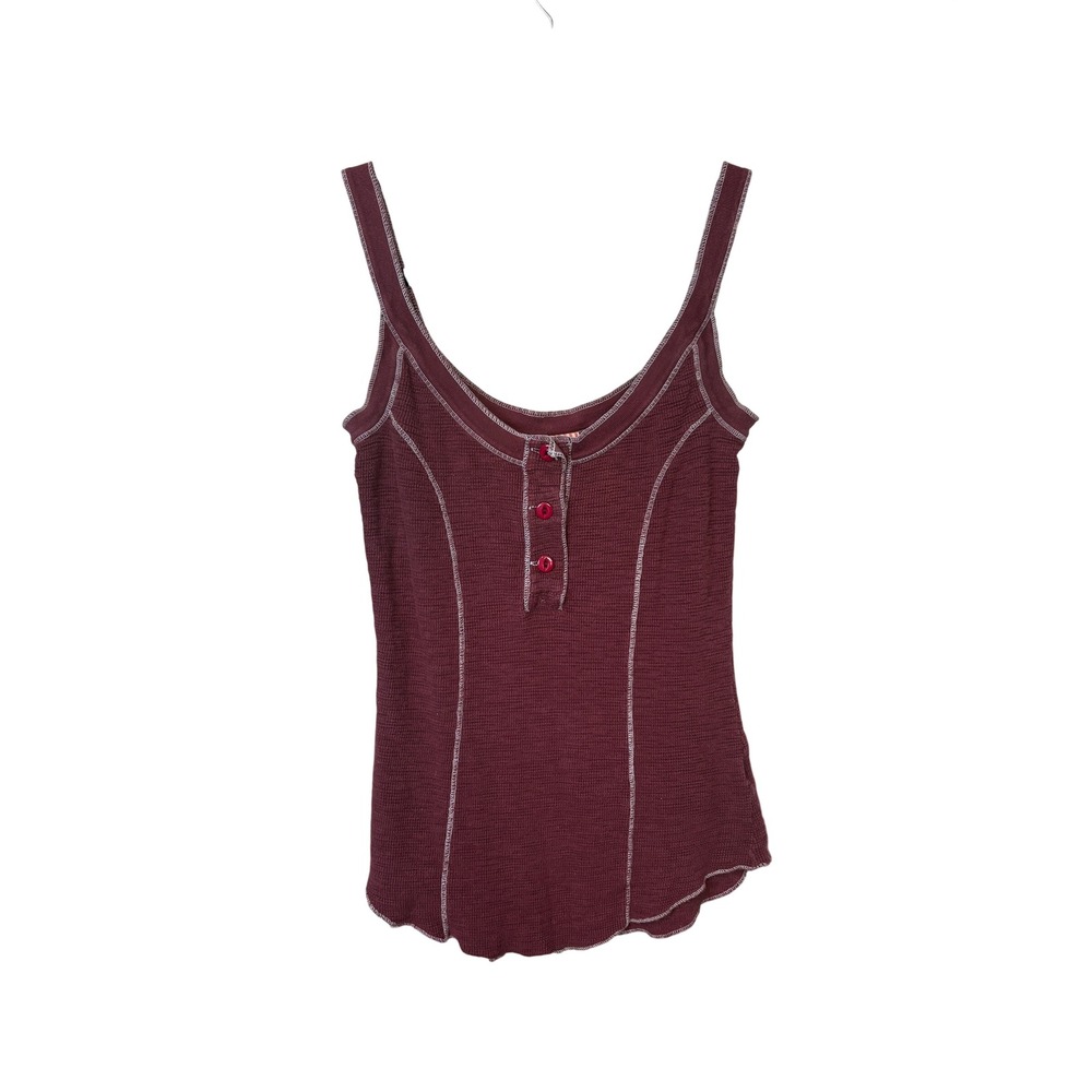 Free People Burgundy Waffle Knit Henley Tank Top Small Contrast Stitch Boho